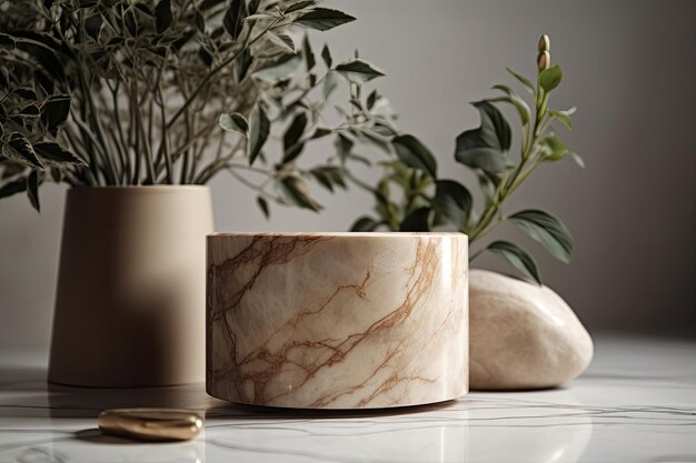 La planta en un recipiente de cerámica beige descansa sobre un pedestal de piedra de mármol, una maqueta del producto, etc.