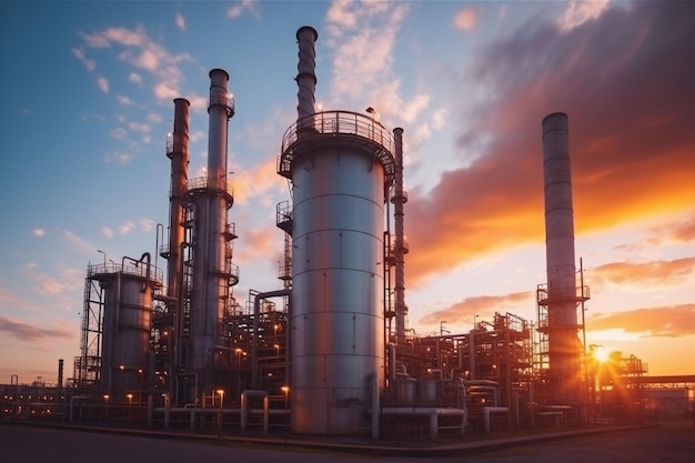 La planta de refinería de petróleo forma una zona industrial con salida del sol y cielo nublado equipo planta de tuberías de acero