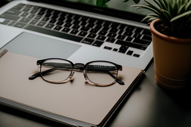 Foto una planta un reloj un cuaderno un par de gafas un bolígrafo y una computadora portátil abierta se ven en las proximidades