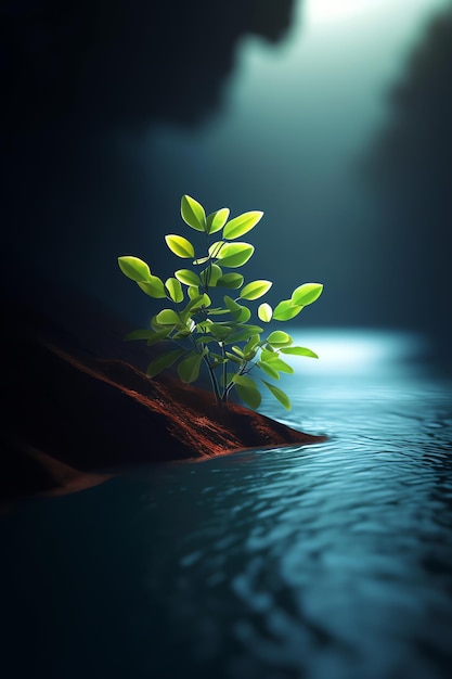 Una planta en una roca en el agua.