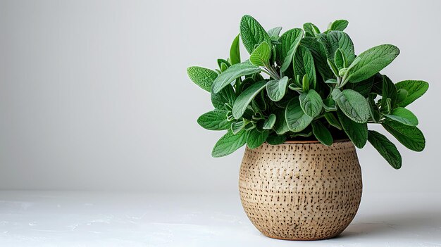 Planta de salvia en una olla sobre un fondo blanco