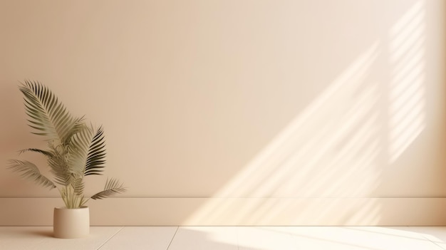 una planta sentada encima de un piso blanco al lado de una pared una representación 3D de la cálida luz del sol brillando en una combinación de colores beige foto del producto