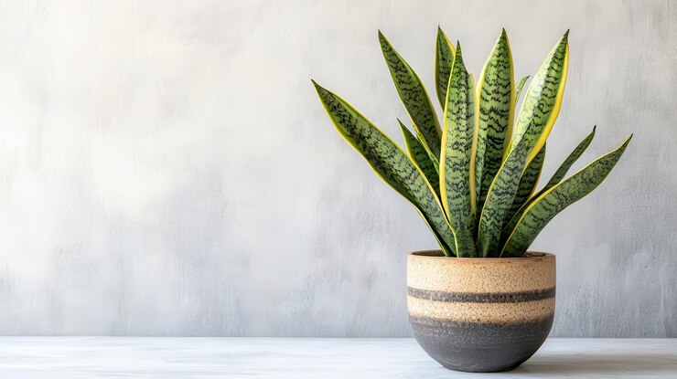 Planta de serpiente de decoración doméstica moderna en una olla elegante con espacio de copia para conceptos de diseño de interiores