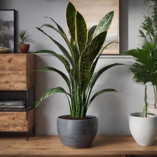 Foto planta de serpiente en una olla de plantas grises en un armario de madera