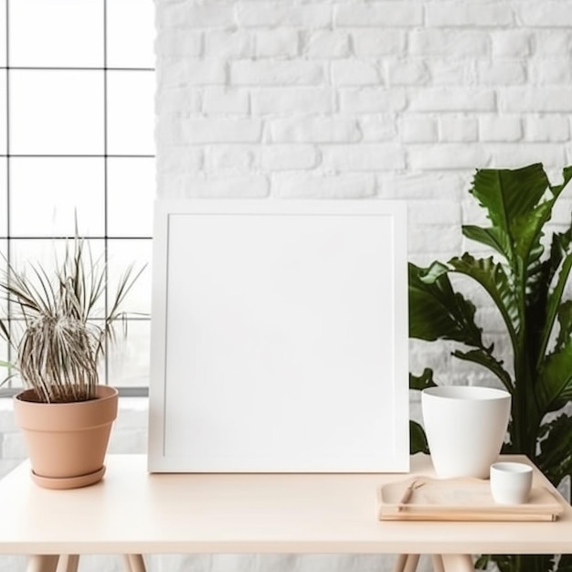 una planta sobre una mesa con un marco blanco que dice "plantas en macetas".