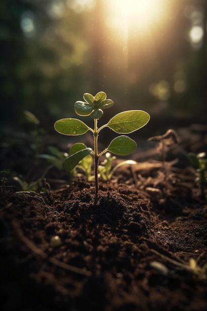 Una planta con el sol brillando sobre ella.