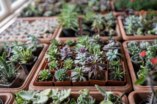 Planta suculenta em pequenos potes de plástico na loja de flores conceito de loja de plantas de vista superior