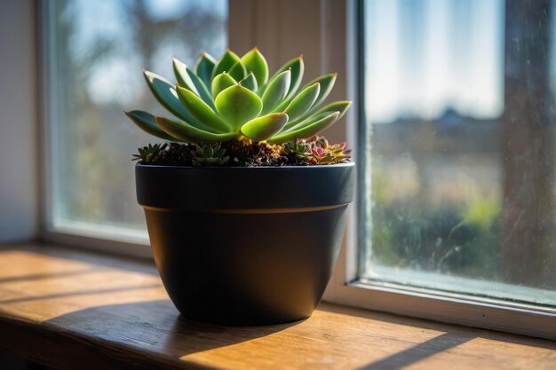 Planta suculenta em vaso preto no parapeito da janela