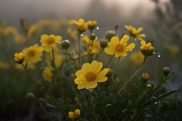 Planta tolerante a la sequía con flores amarillas en la niebla del rocío de la mañana creada con ai generativo