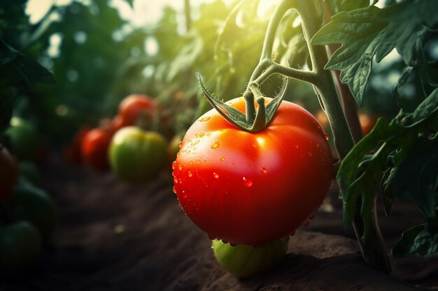 Una planta de tomate con gotas de agua