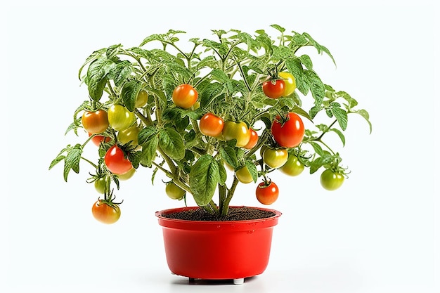 Una planta de tomate con hojas verdes y hojas rojas está en una olla roja.