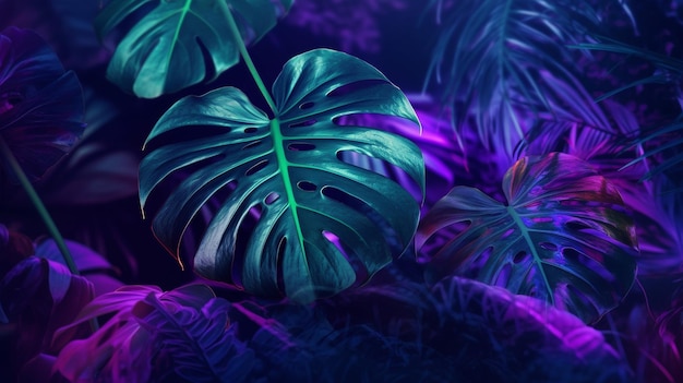 Planta tropical com fundo vibrante e animado de brilho neon