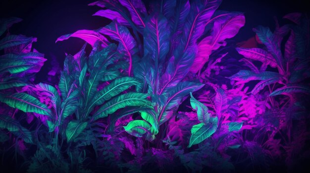 Planta tropical com fundo vibrante e animado de brilho neon