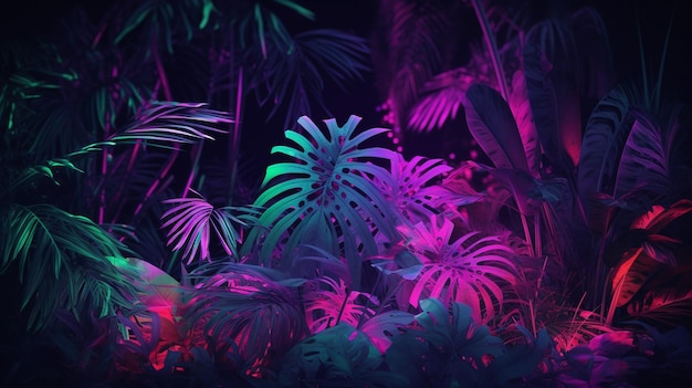 Planta tropical com fundo vibrante e animado de brilho neon