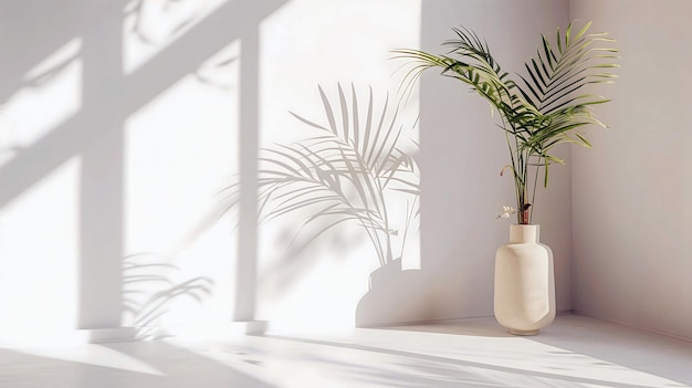 Foto planta tropical verde em branco com fundo rosa na parede bandeira estética com mock-up de texto de espaço de cópia