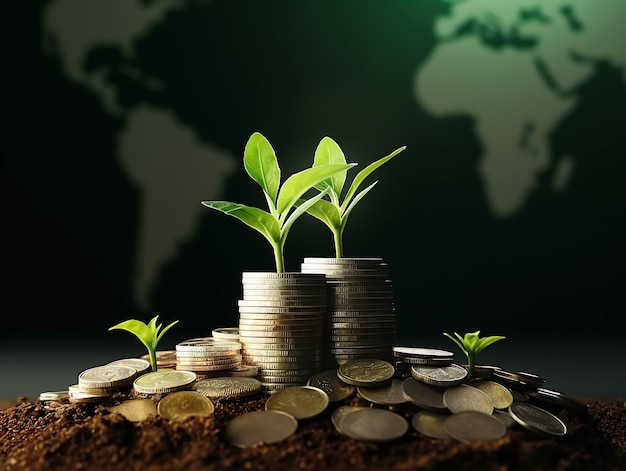 Planta verde a brotar de uma pilha de moedas com fundo de mapa do mundo Negócio sustentável