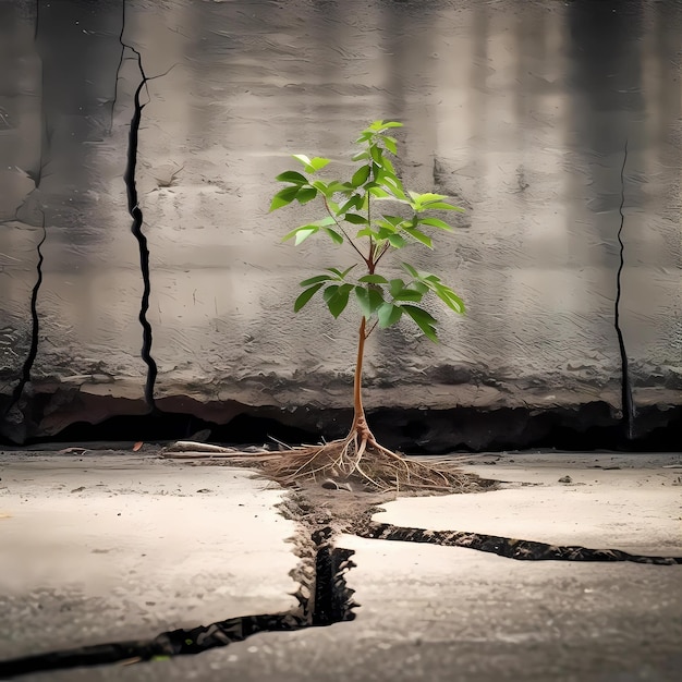 Una planta verde se abre paso a través de las grietas en el asfalto de la calle