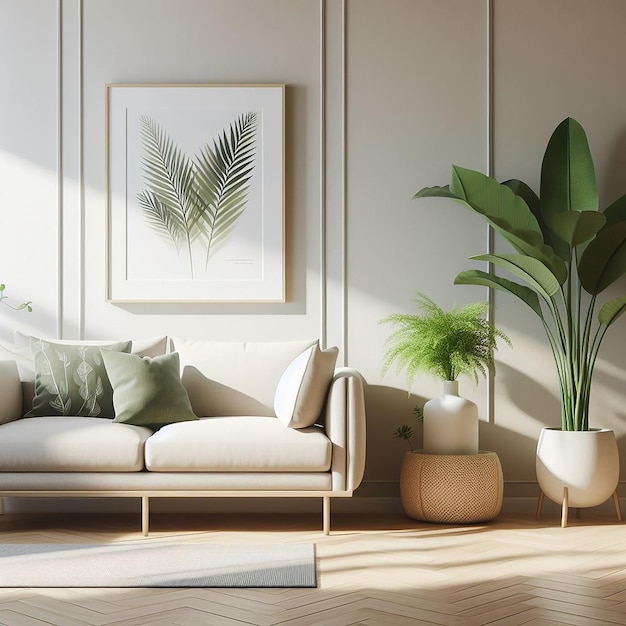 Una planta verde al lado de un sofá Diseño interior minimalista de una sala de estar moderna