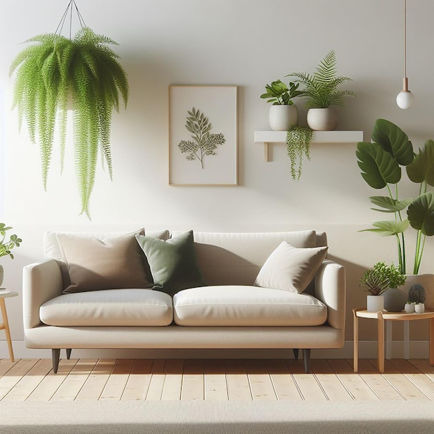 Una planta verde al lado de un sofá Diseño interior minimalista de una sala de estar moderna