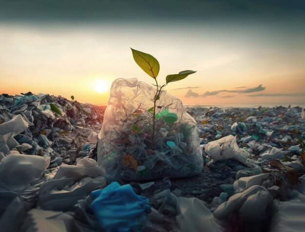 Foto planta verde brota através de resíduos plásticos no conceito de reciclagem de lixo