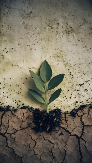 La planta verde brota del suelo seco contra la pared texturizada que simboliza el crecimiento a pesar de la adversidad Vertic