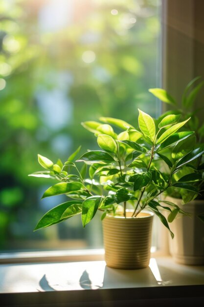 Planta verde cerca de la ventana por la mañana