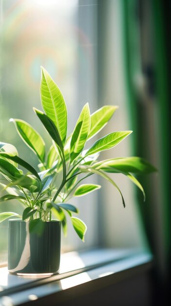 Planta verde cerca de la ventana por la mañana