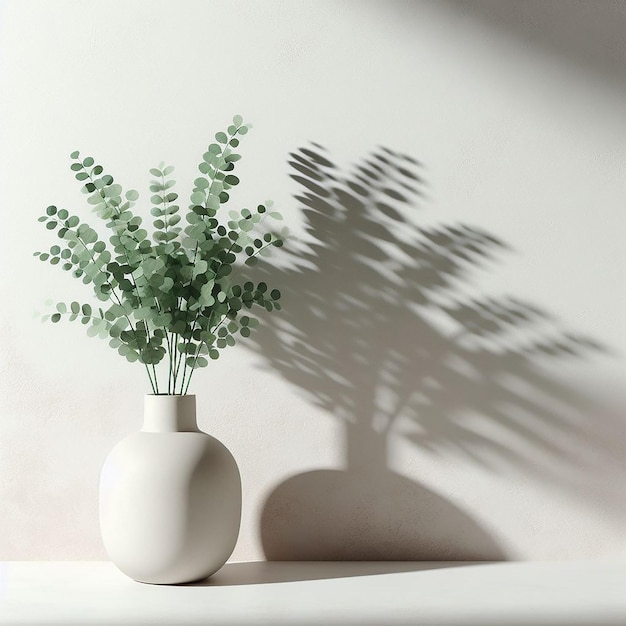 Una planta verde contra una gran pared blanca vacía