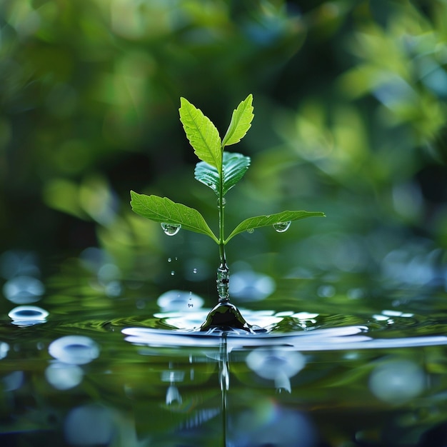 Foto una planta verde está creciendo en el agua con gotas de agua