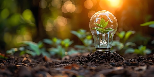 Foto planta verde creciendo dentro de una bombilla que representa la conservación de la energía y el día de la tierra concepto día de la terra conservación de la energía plantas verdes arte de bombilla viva sostenible