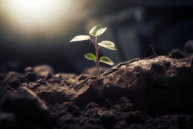 Planta verde crescendo a partir de terra não fértil solo acidentado closeup IA generativa