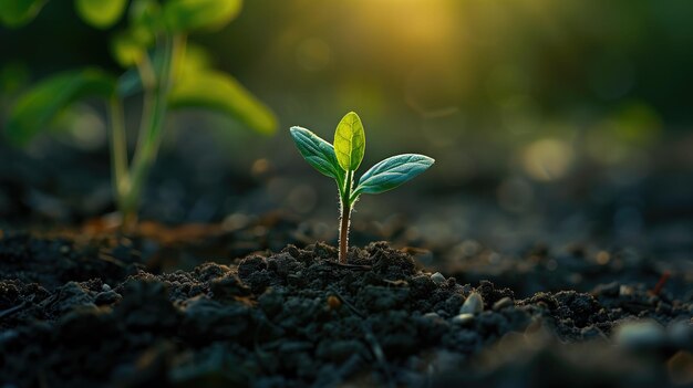 Planta verde crescendo no solo com fundo de luz solar Conceito ecológico