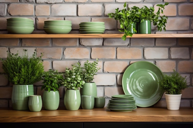 Planta verde y diferentes utensilios de cocina en la mesa cerca de la pared de ladrillo Diseño interior moderno