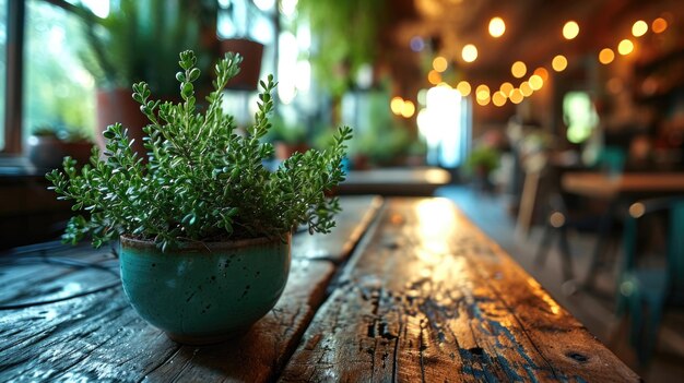 Planta verde em panela em mesa de madeira em uma cafeteria foto de estoque