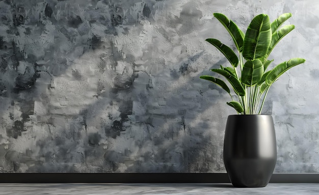 Planta verde em pote preto em fundo de parede de concreto renderização 3D