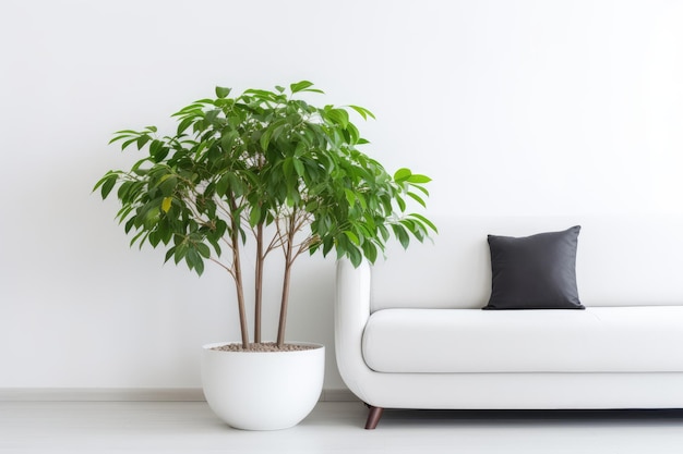 Planta verde em sala de estar branca com espaço livre