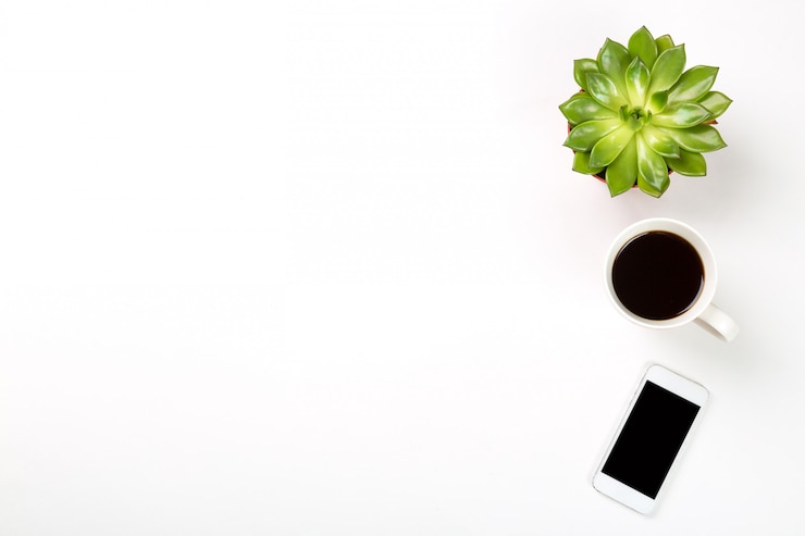 Foto planta verde em uma panela, xícara de café e celular moderno na superfície branca.