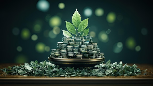 Una planta verde emerge de un montículo de monedas de oro brillantes que simbolizan el crecimiento y la prosperidad.