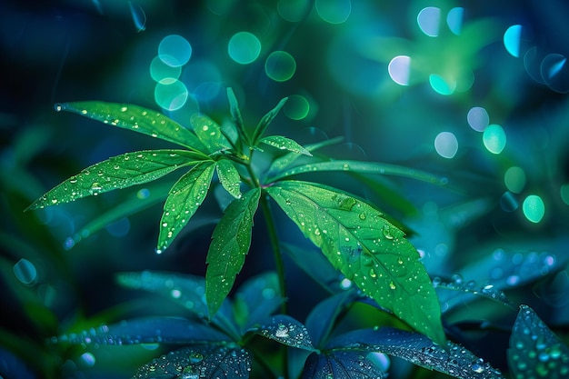 Planta verde exuberante adornada com orvalho sob luzes azuis