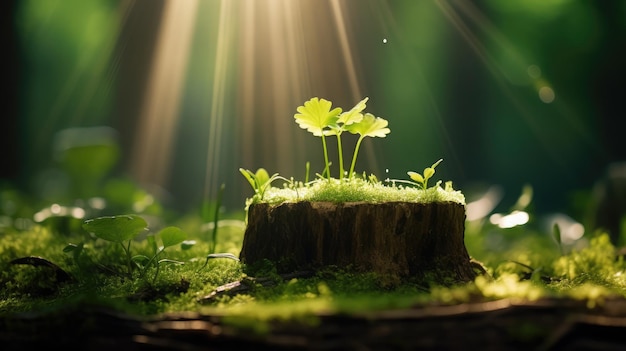 Una planta verde flotando en un tronco de hierba en el estilo del simbolismo de ensueño rayos de sol brillan sobre.