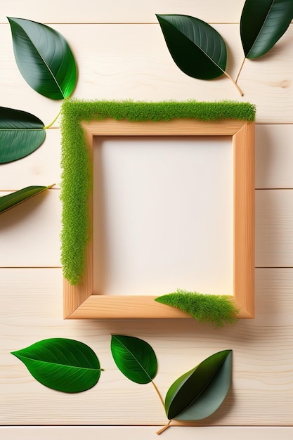 planta verde en un fondo de madera con hojas verdes y un marco cuadrado con hojas verde en el suelo de madera.