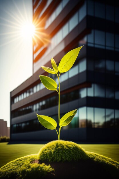 Una planta verde frente a un edificio con el sol brillando sobre ella