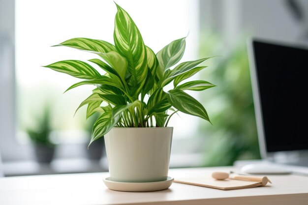 Planta verde fresca en un escritorio ordenado