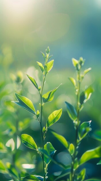 Planta verde fresca iluminada por el sol en un enfoque suave