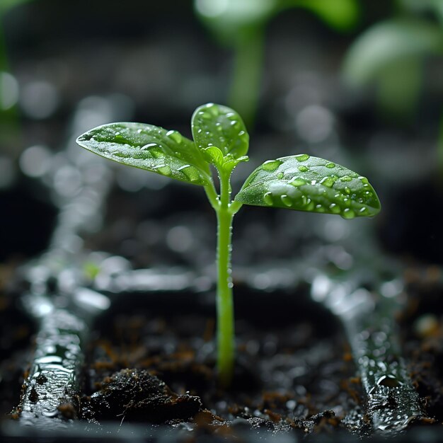 Foto una planta verde con gotas de agua en ella