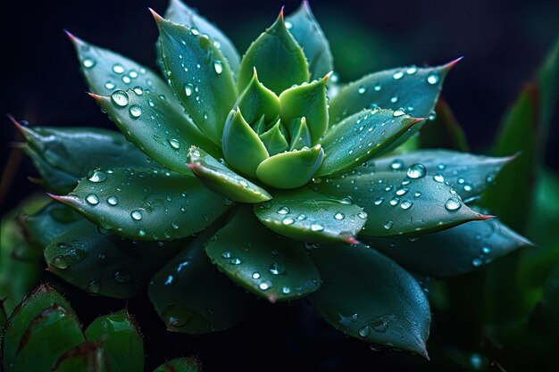 Una planta verde con gotitas de agua