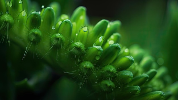 Una planta verde con gotitas de agua