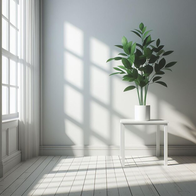 Una planta verde en una habitación blanca vacía