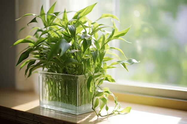 Planta verde en un jarrón de vidrio en el umbral de la ventana