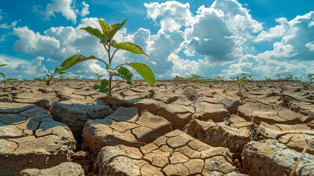 Planta verde joven que crece a la luz del sol en la tierra seca agrietada que simboliza la esperanza y el medio ambiente